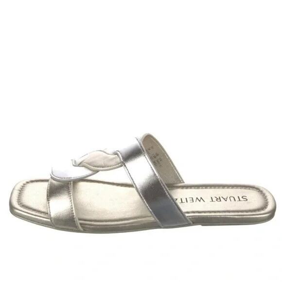 NEW Stuart Weitzman 7.5 Ibiza Woven-Strap Flat Slide Sandal Metallic Silver Gold - Picture 7 of 12